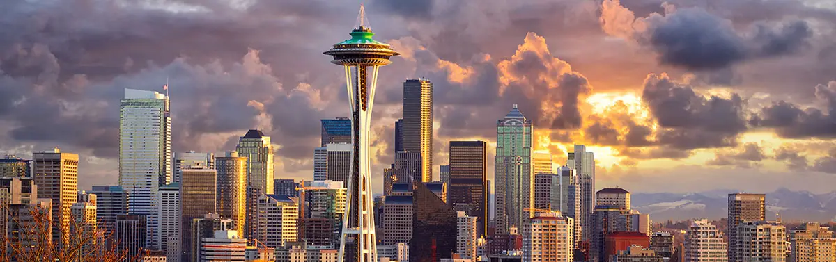 View of the Seattle, Washington, skyline at sunset