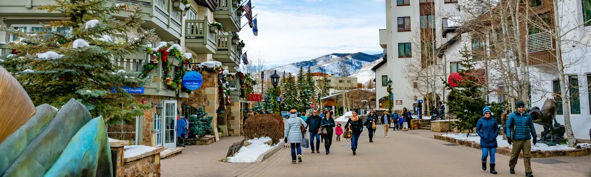 People walking past shops in Vail, Colorado