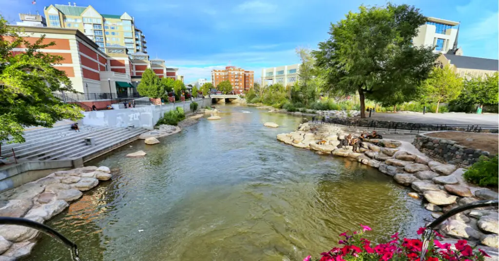 View of the Truckee River and the Reno Riverwalk in Reno, Nevada.