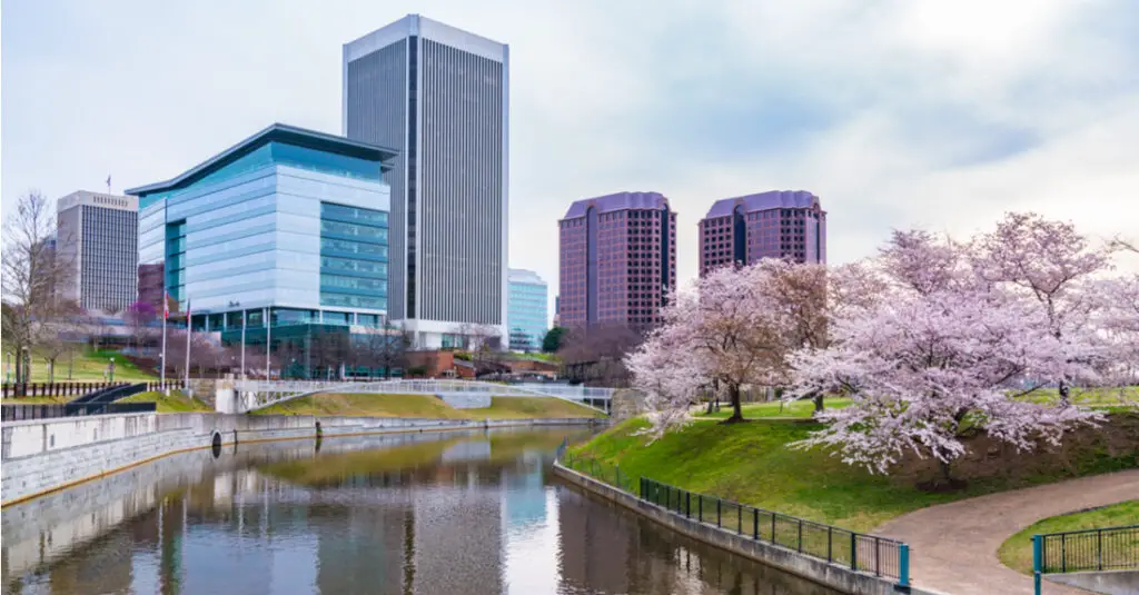 View of the Riverfront Canal Walk in Richmond, Virginia, in the spring, with cherry blossoms in bloom.